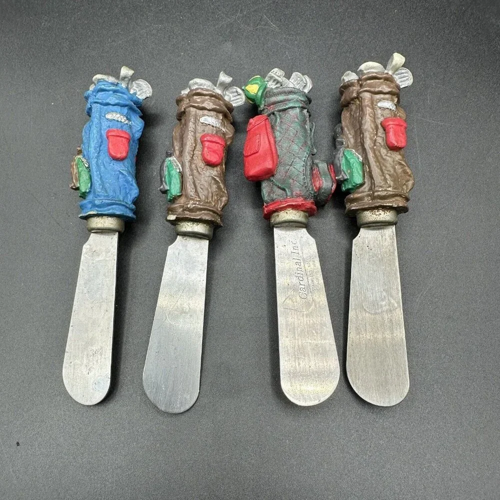 Golf Cheese Spreaders Set of 4 Golf Cart Bag Holder Stainless Steel Knives 1990s